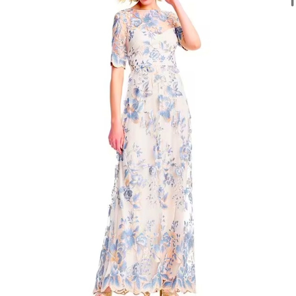 Adrianna Papell Long Embroidered Floral Print 3/4 Sleeve Dress